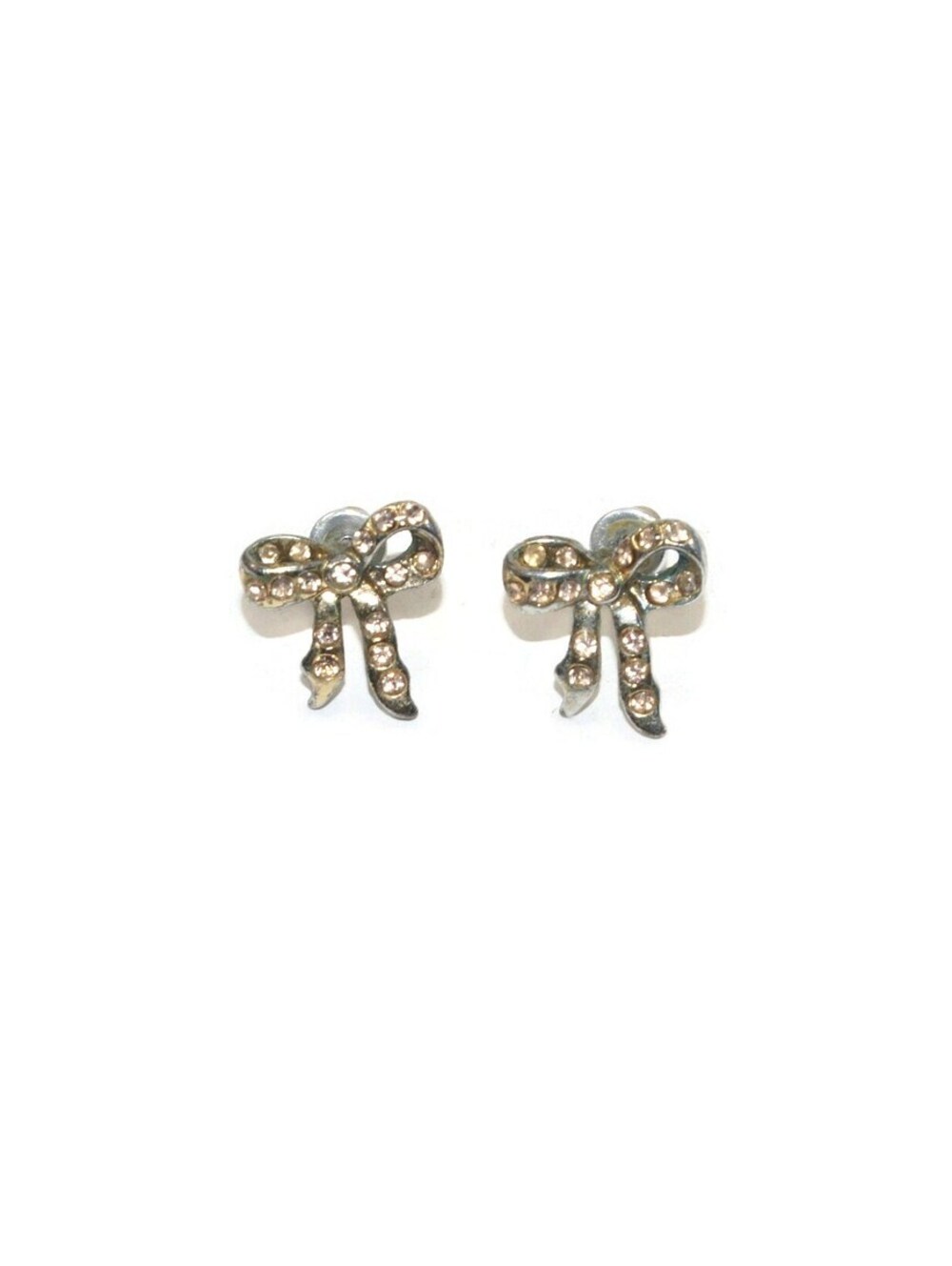 Small Vintage Silver Tone and Rhinestone Bow Stud Earrings.
